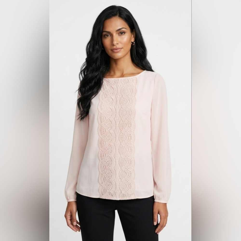 White House Black Market Stella Blush Pink Lace Panel Long Sleeve Top Size 4